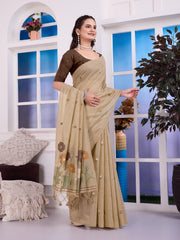 Giya Ashen Beige Muga Cotton Jamdani Saree With Contrast Blouse